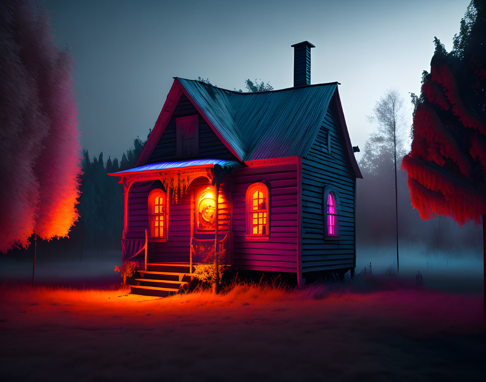 Twilight scene of small wooden house with pink and blue lights in foggy forest