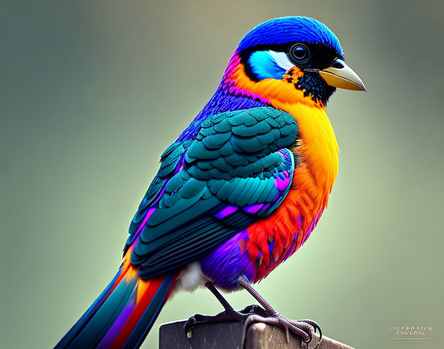 Colorful bird with blue head, yellow underparts, green wings, and rainbow tail on branch