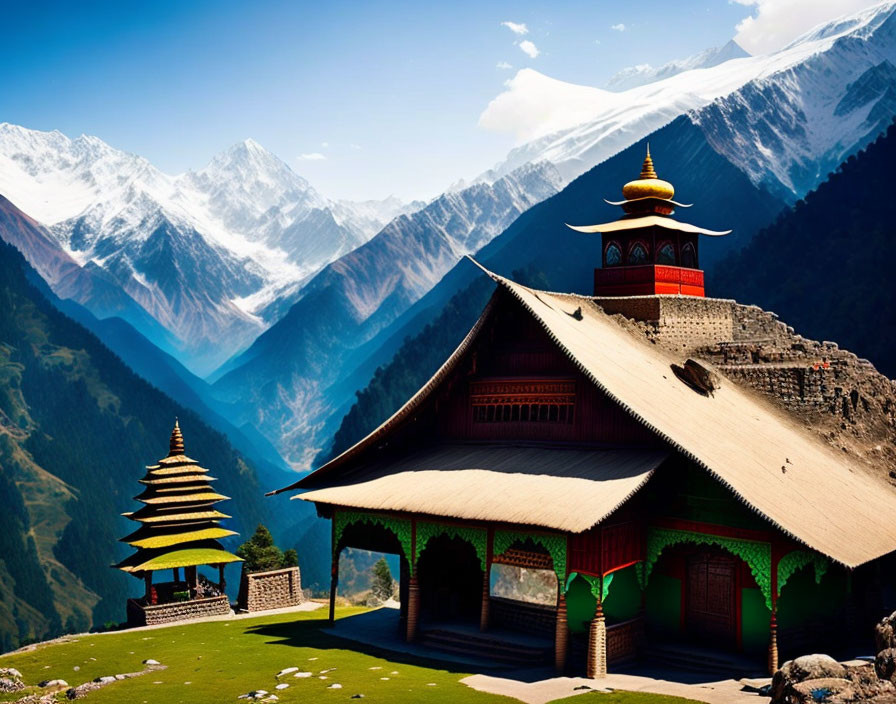 Traditional Building with Multi-Tiered Roof Against Snow-Capped Mountains