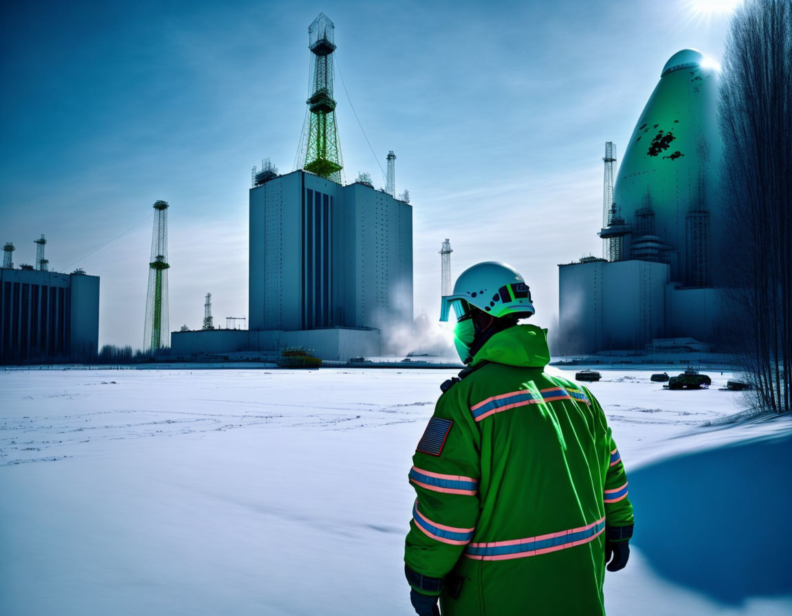 High-Visibility Worker at Snowy Industrial Plant with Steam and Towers