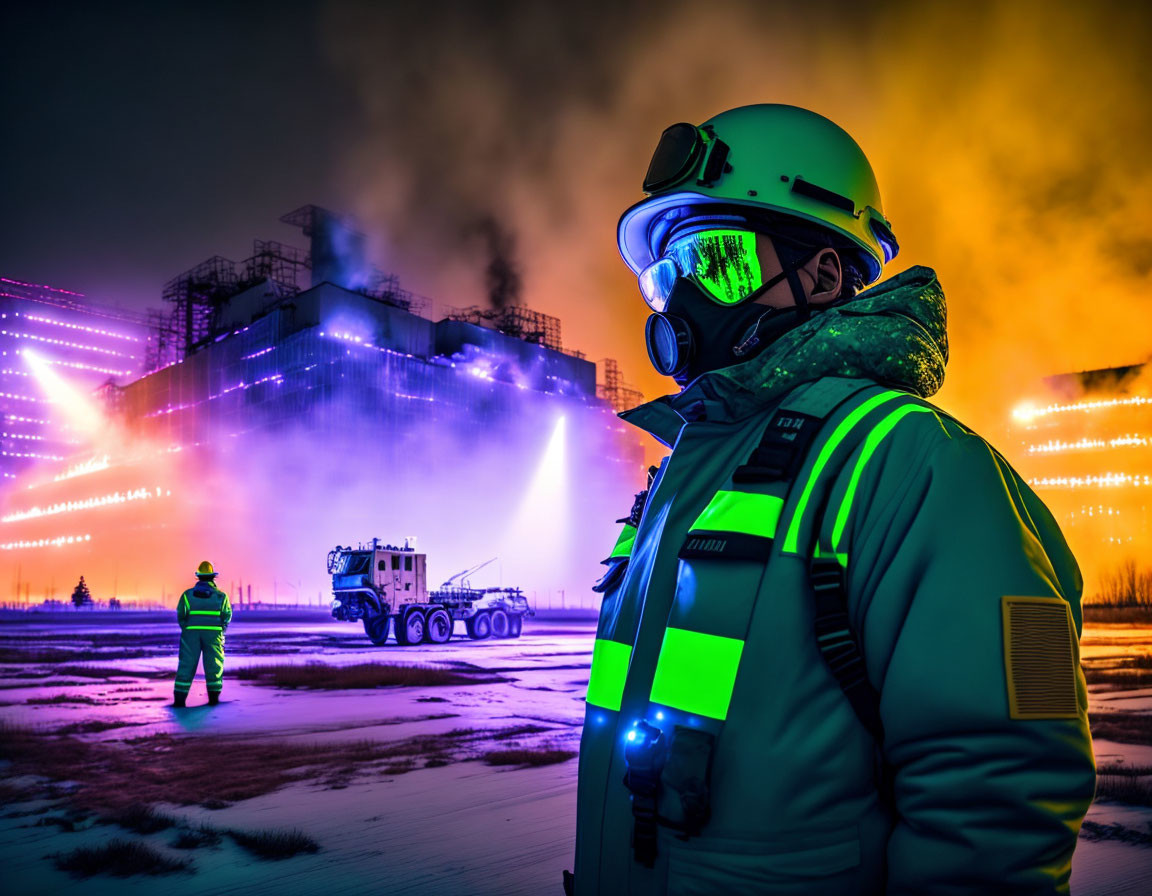 Firefighter in reflective gear at nighttime industrial site with emergency lights and smoke.