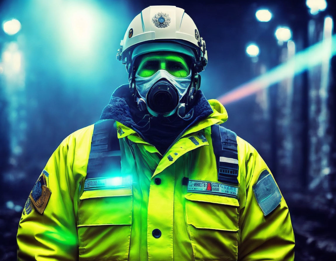 Person in High-Visibility Gear with Helmet and Gas Mask in Misty Environment