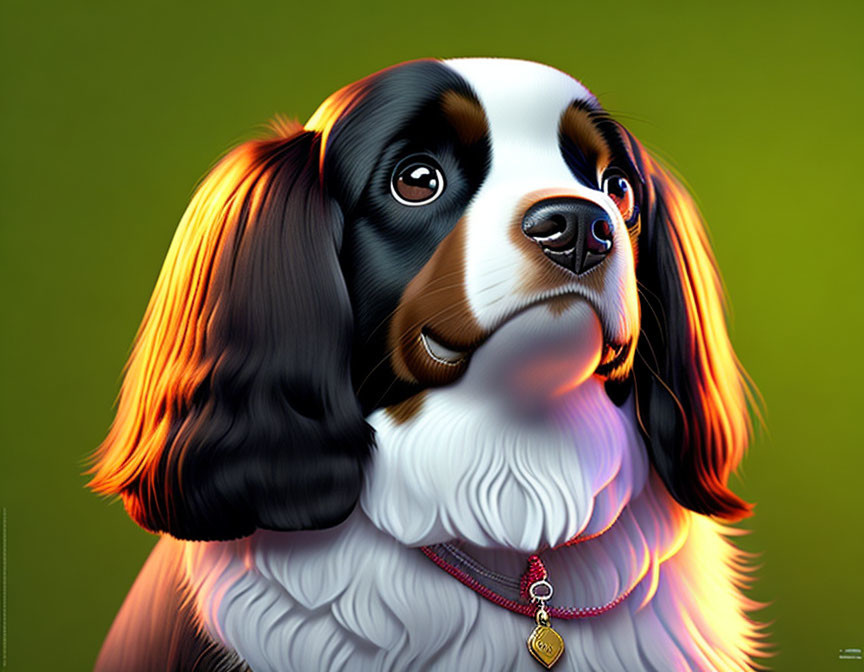 Glossy Cavalier King Charles Spaniel with soulful eyes on green background