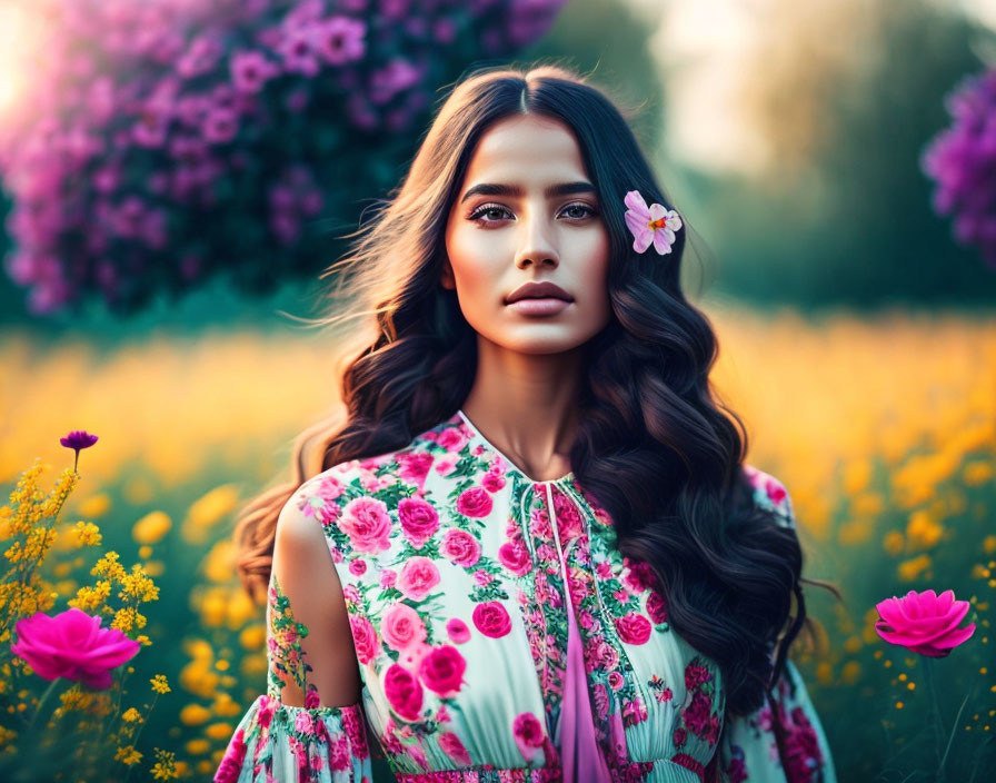 Woman with Wavy Hair in Floral Dress Surrounded by Vibrant Flowers