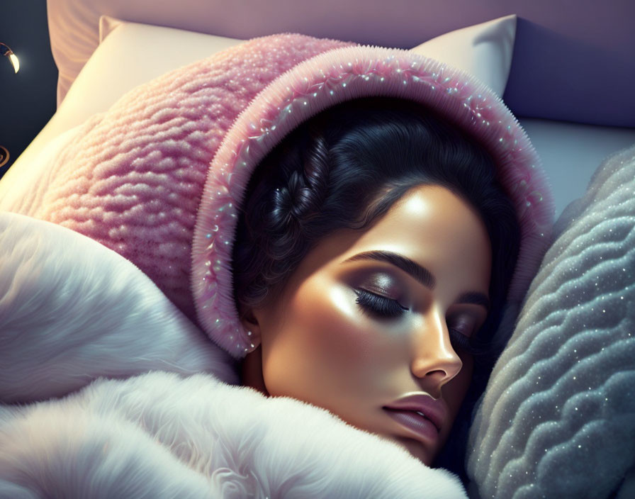 Elaborately made-up woman sleeping peacefully with pink eye mask