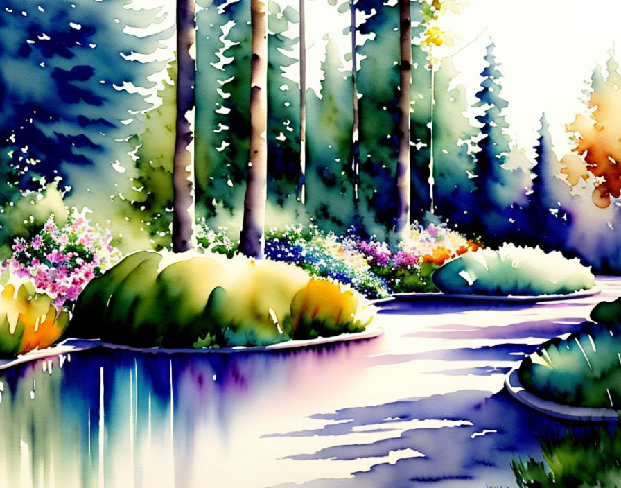 Serene forest scene watercolor painting with lush trees and river