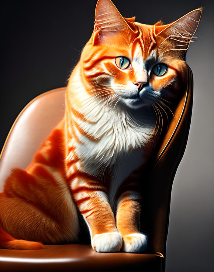 Orange Striped Cat with Striking Eyes on Brown Leather Chair