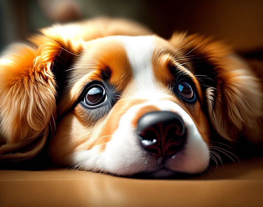 Cavalier King Charles Spaniel with soulful eyes resting head on floor