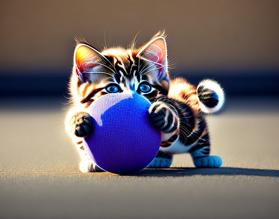 3D-rendered playful kitten with blue eyes biting blue ball