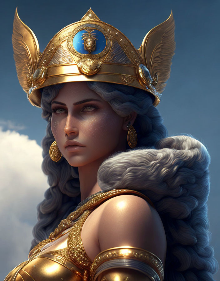 Digital artwork: Woman with silver hair, golden winged helmet, and blue gem - Valkyrie