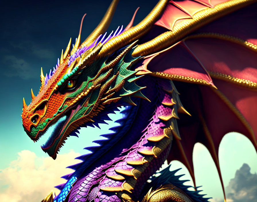 Colorful Dragon with Detailed Scales and Large Wings in Cloudy Sky