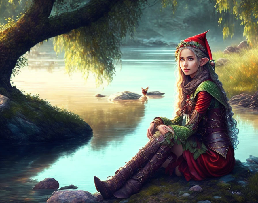 Female elf in red and green outfit by tranquil lake with boat and duck