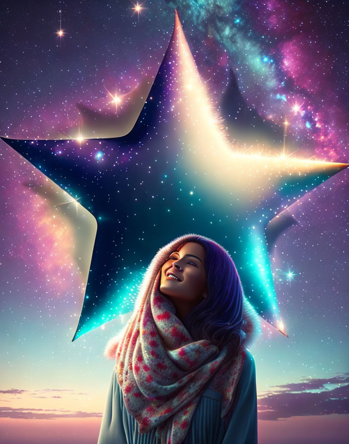 Blissful woman in scarf under cosmic sky with large star and twinkling stars