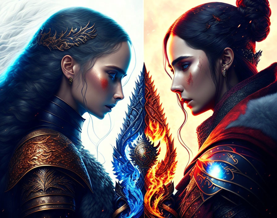 Fantasy digital art: Two female characters with ice and fire powers, contrasting cool and warm tones