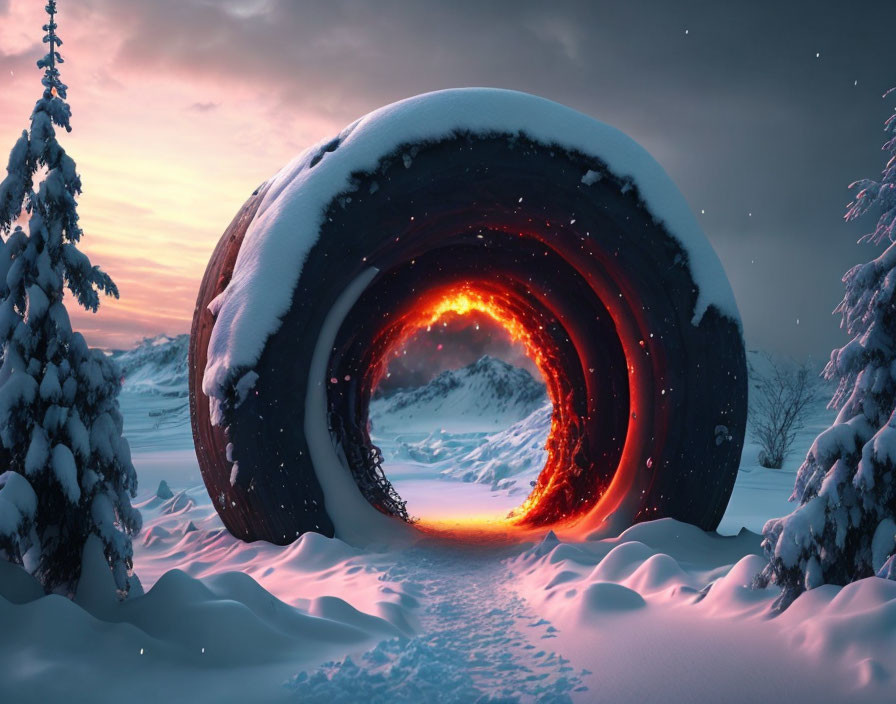 Snow-covered log with fiery orange portal in tranquil winter landscape