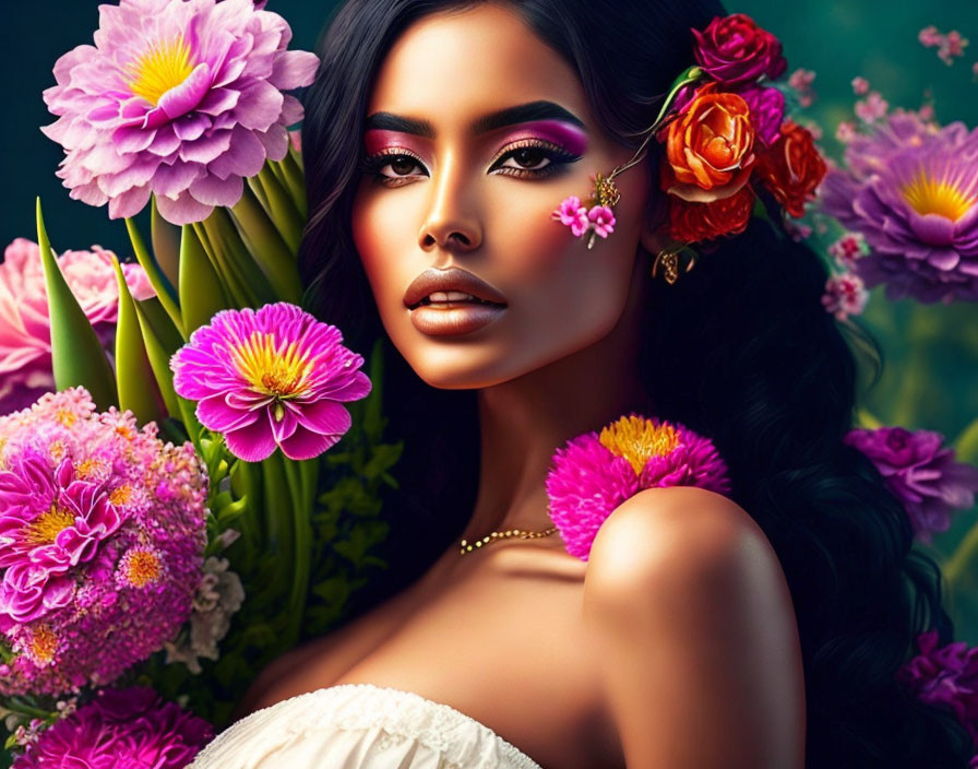 Colorful floral woman illustration with dark hair and vibrant makeup