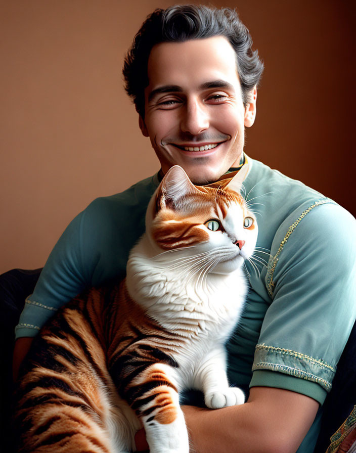 Smiling man with orange and white cat on brown background