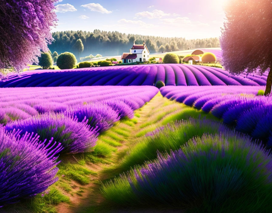 Lavender field at sunrise with farmhouse and lush trees