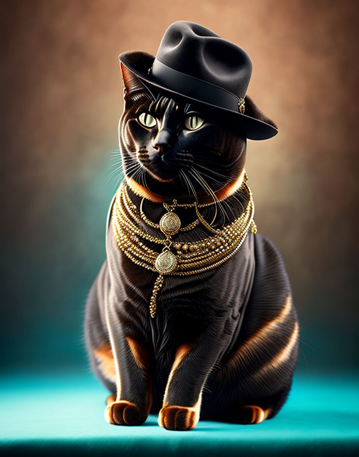 Black Cat in Gold Jewelry and Fedora Hat on Warm Textured Background