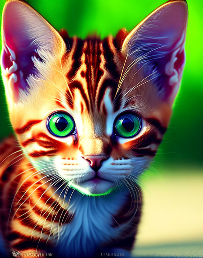 Colorful digital artwork of orange-striped kitten with oversized green eyes on blurred green backdrop