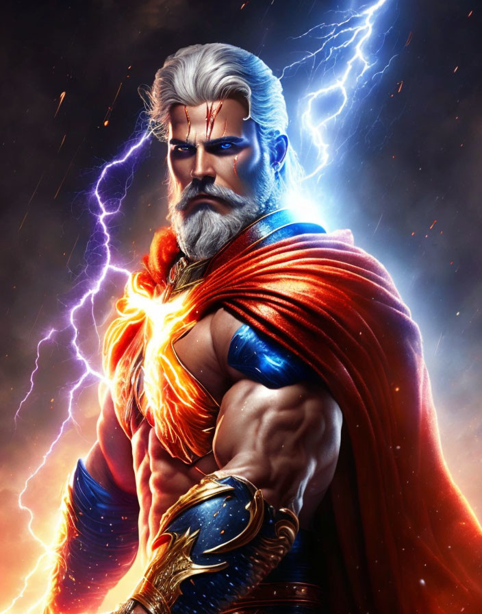 Bearded superhero with white hair in blue and gold suit, red cape, surrounded by lightning