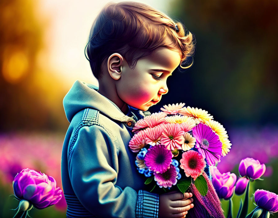 Child with Colorful Flower Bouquet in Blooming Tulip Field