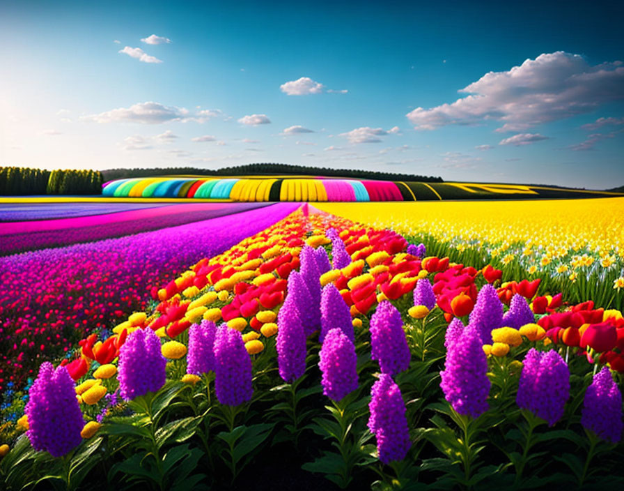 Multicolored tulip rows under blue sky with fluffy clouds