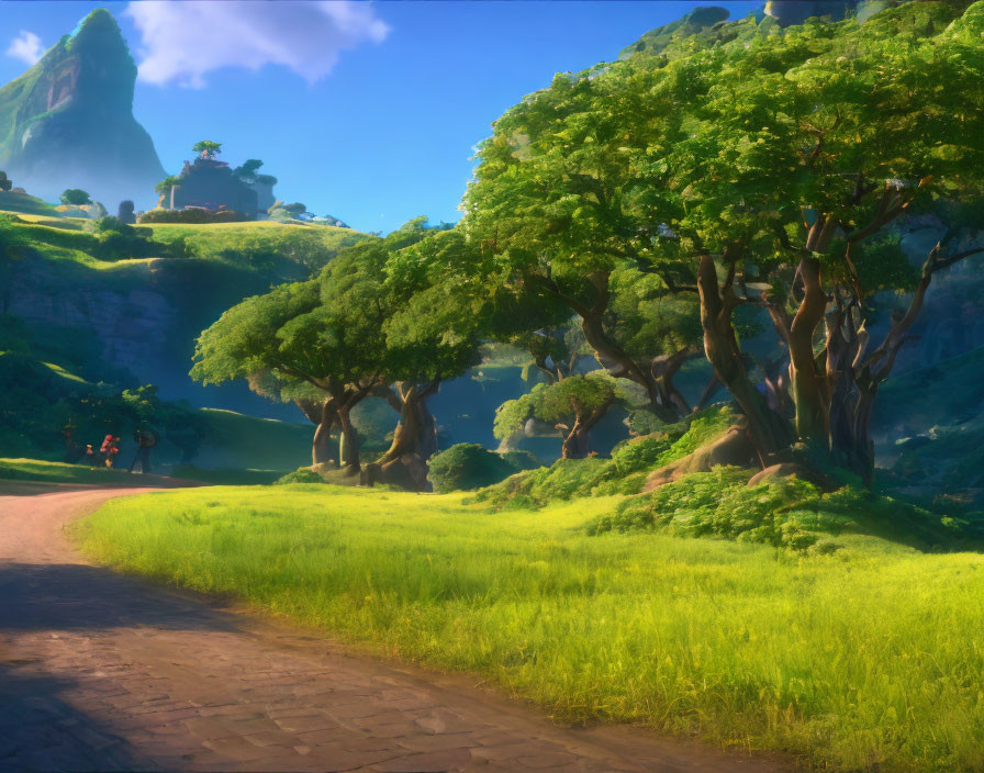 Vibrant green landscape with trees, pathways, and characters under blue sky