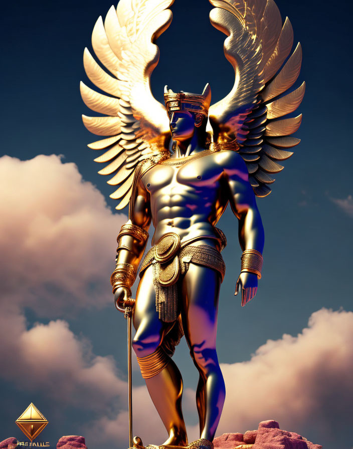 Golden winged humanoid with staff in Egyptian headdress against cloudy sky