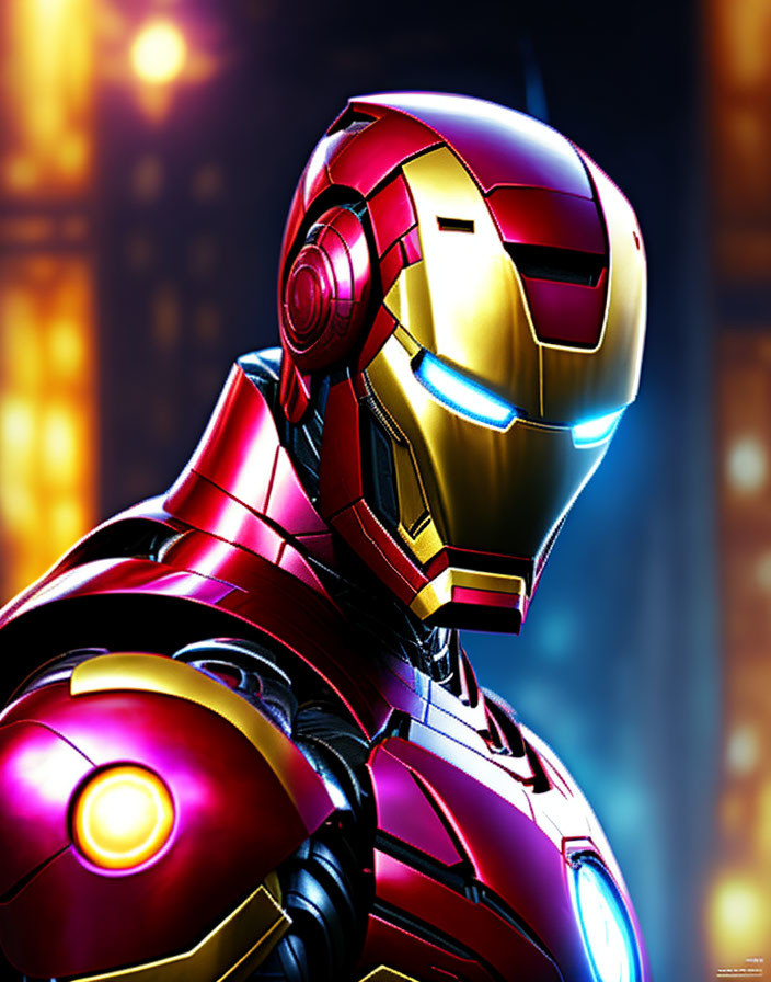 Detailed Close-Up of Glowing Iron Man Helmet and Torso