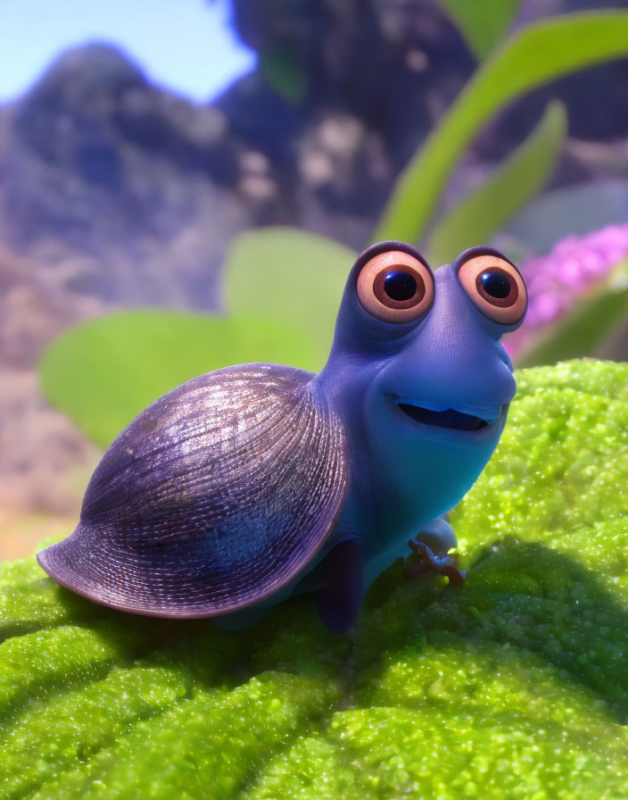 Blue 3D-animated snail on green leaf with shiny shell