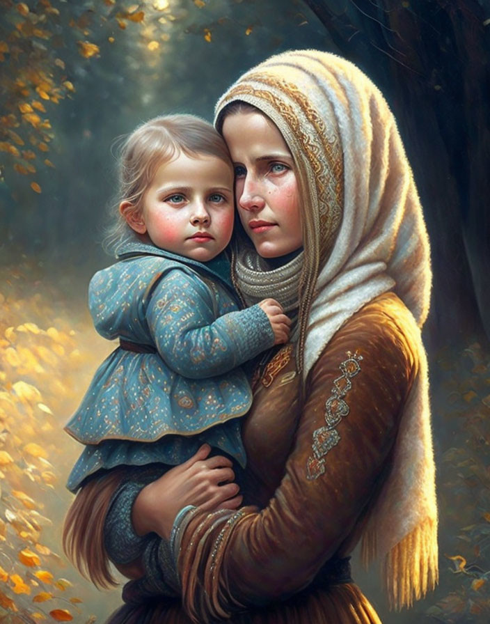 Woman with scarf holding child in autumn forest light