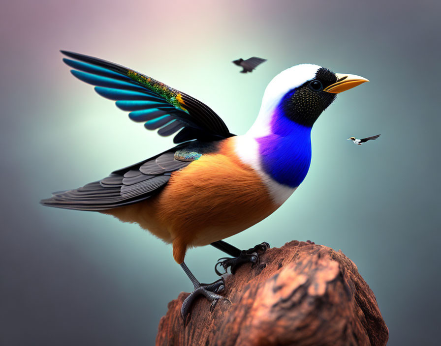 Colorful stylized bird perched on branch with exaggerated head