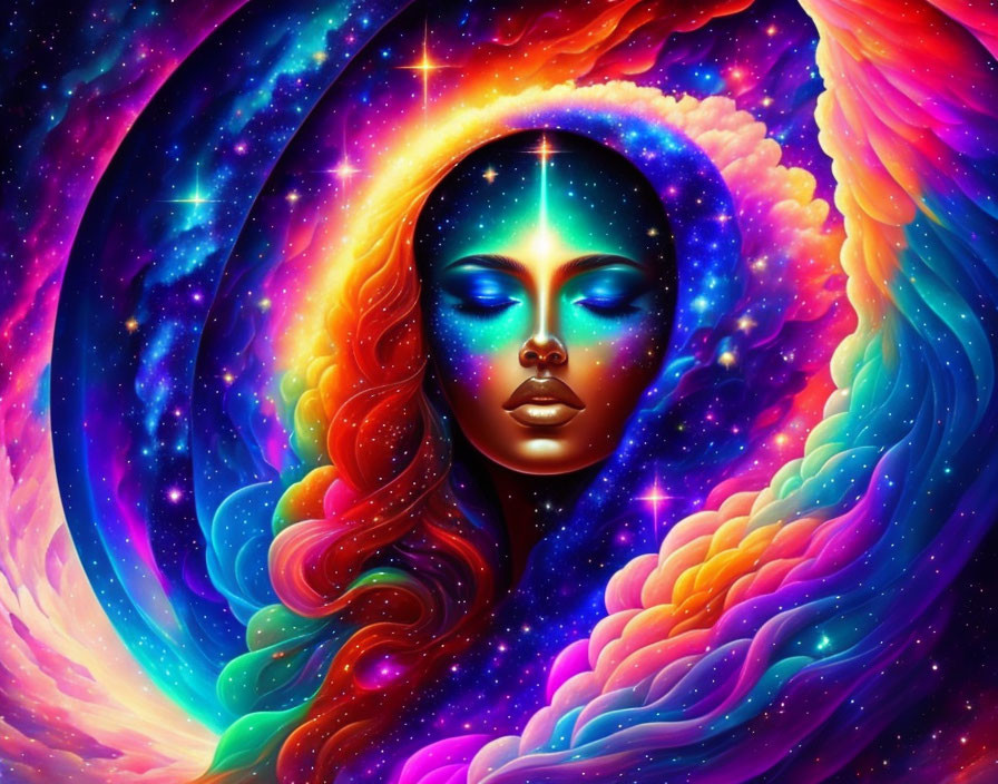 Colorful digital artwork: Woman's face merging with cosmic background