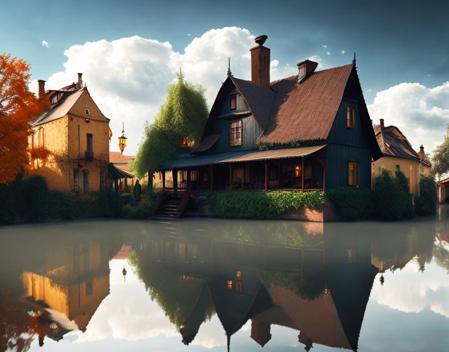 Scenic houses and foliage mirrored on tranquil lake under hazy sky