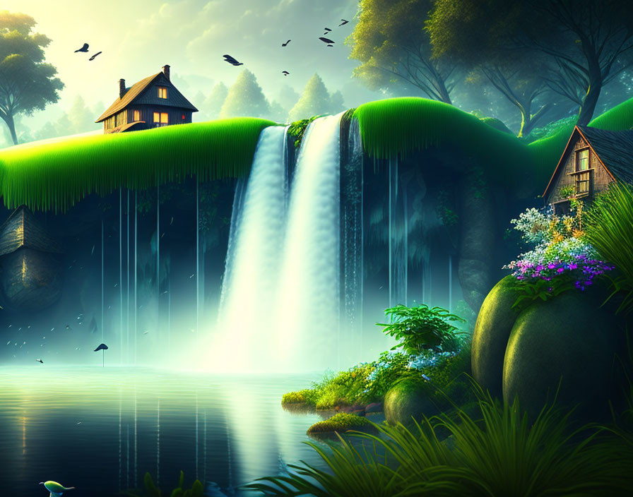 Tranquil fantasy landscape with waterfall, hilltop house, birds, and misty lake