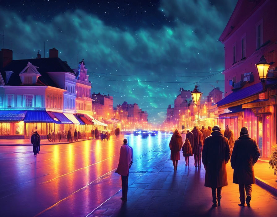 City street night scene with people under starry sky and aurora lights