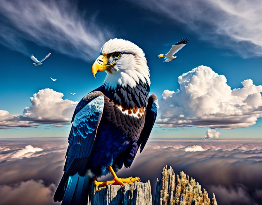 Majestic eagle on rocky peak with soaring clouds and birds