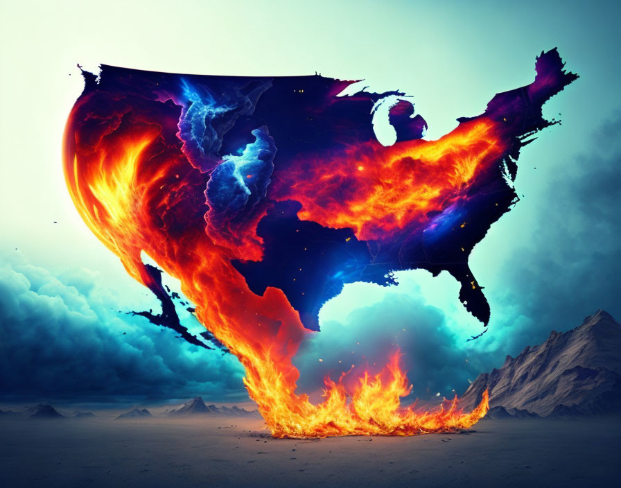 Vibrant flames engulf USA map with electric blue highlights in desert backdrop