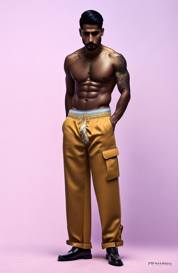 Fit man in stylish gold pants against pink background