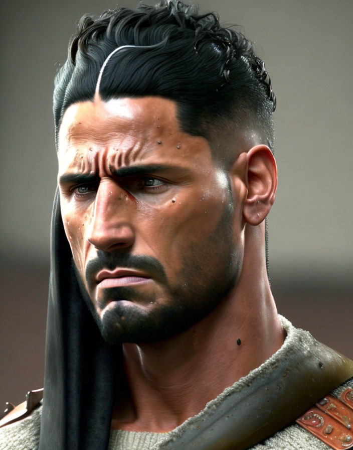 Stern man in armor with scars and undercut hairstyle