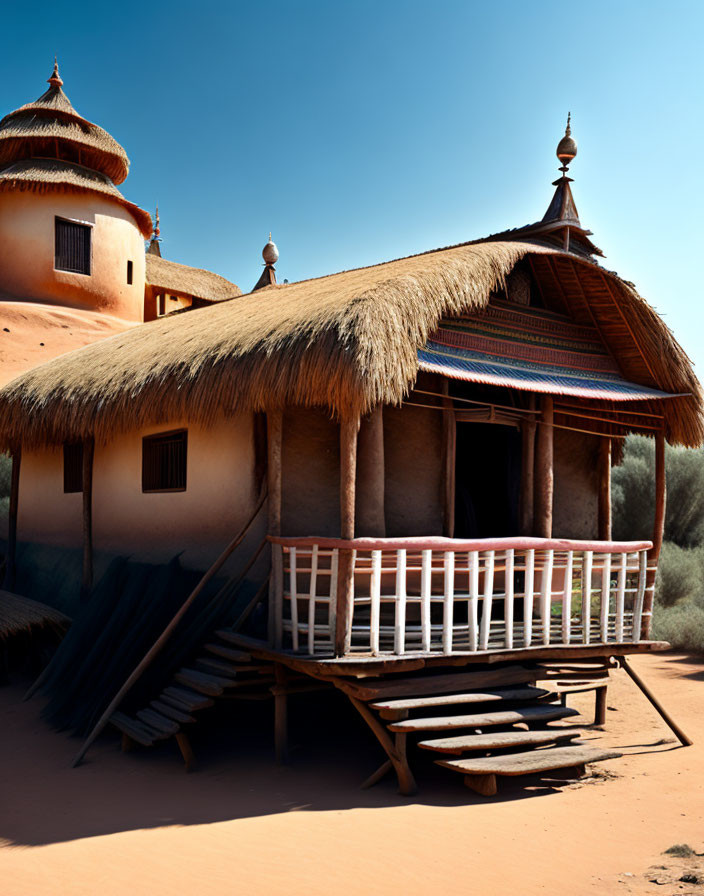 Traditional African Mud and Thatch House with Balcony in Sandy Terrain