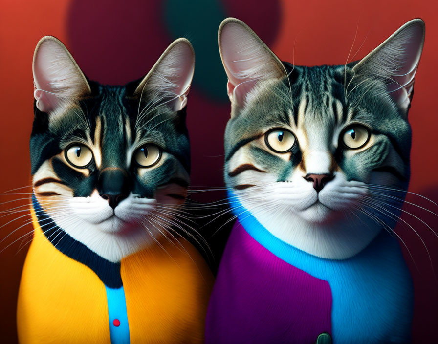 Anthropomorphic Cats in Human-Like Attire on Red and Blue Background