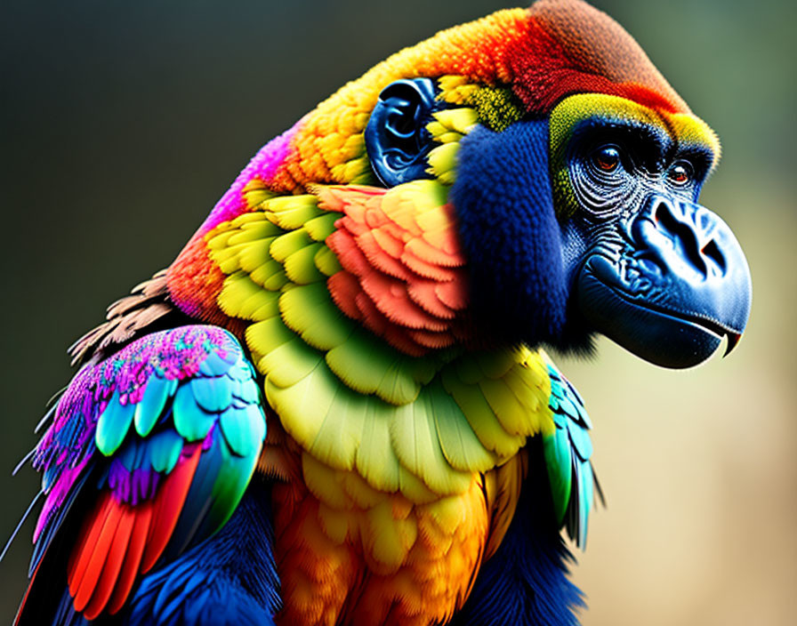 Colorful Mandrill with Rainbow Plumage and Avian Primate Features