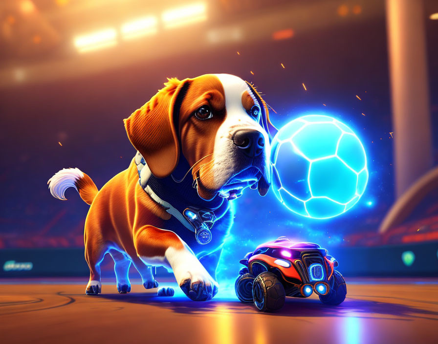 Beagle dog with blue collar on soccer field with blue ball and toy car