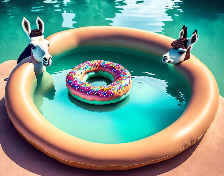 Donkeys in swimming goggles on inflatable pool float.