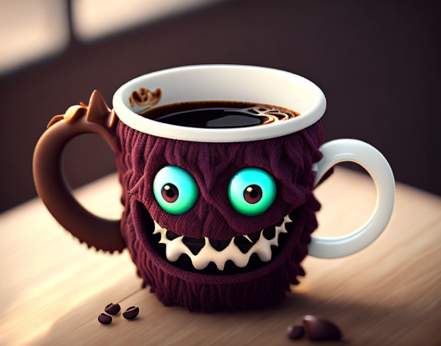 Whimsical monster design coffee cup with green eyes, sharp teeth, and tail on table with coffee