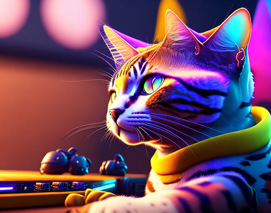 Colorful 3D illustration: Cat with neon lighting, headphones, gazing sideways