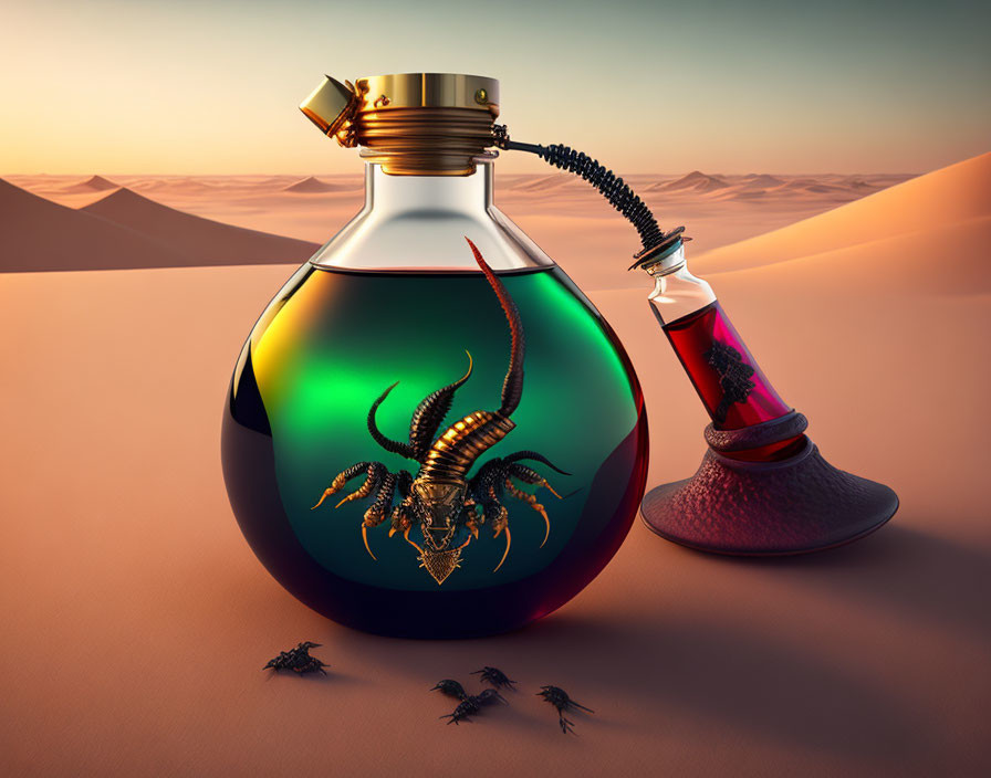 Surreal desert landscape with grenade-shaped bottle, scorpion, and hookah hose