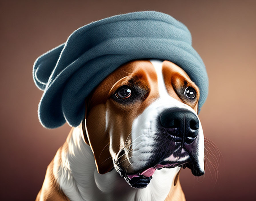 Beagle in Blue Beret Poses Serenely on Warm Background